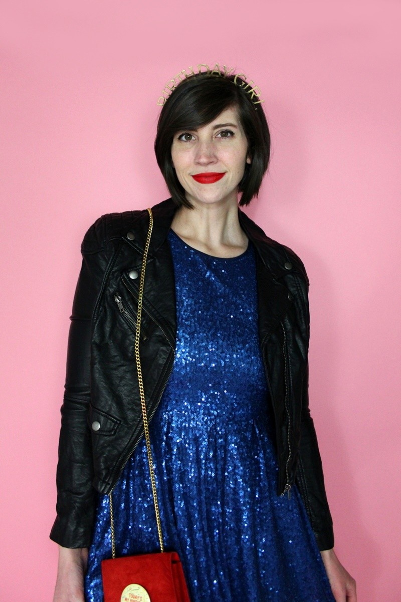 hannah rupp the outfit repeater birthday outfit thrifted sequin dress moto jacket crown