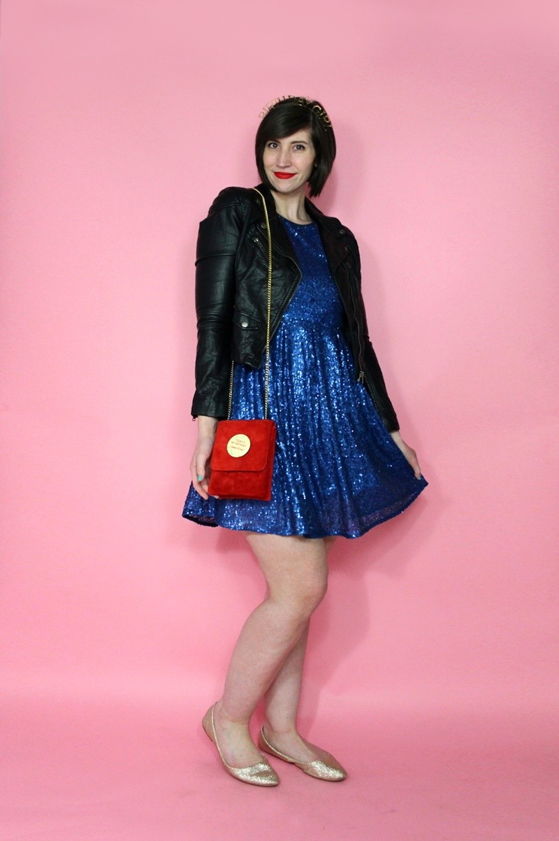 hannah rupp the outfit repeater birthday outfit thrifted sequin dress moto jacket crown