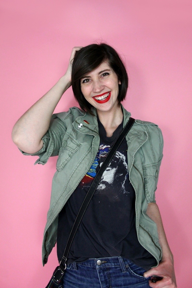 hannah rupp the outfit repeater simple clothing hacks vintage thrifted punk edgy flair enamel pins