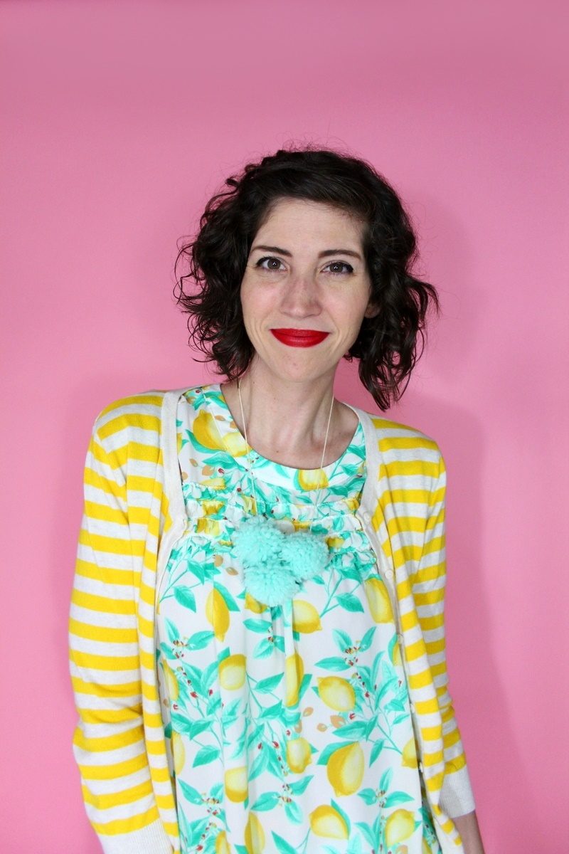 hannah rupp the outfit repeater lemon print blouse white denim short summer outfit