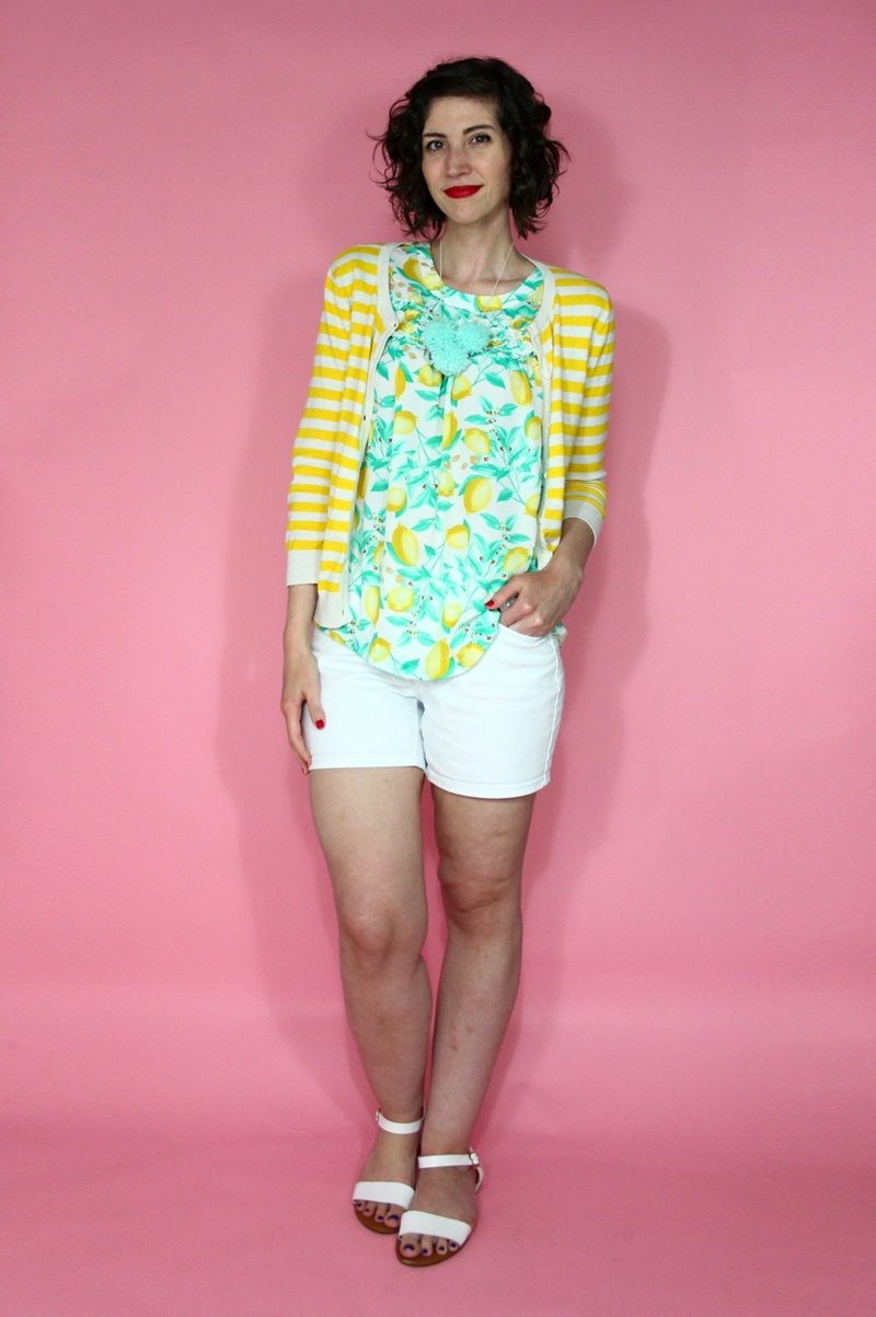hannah rupp the outfit repeater lemon print blouse white denim short summer outfit
