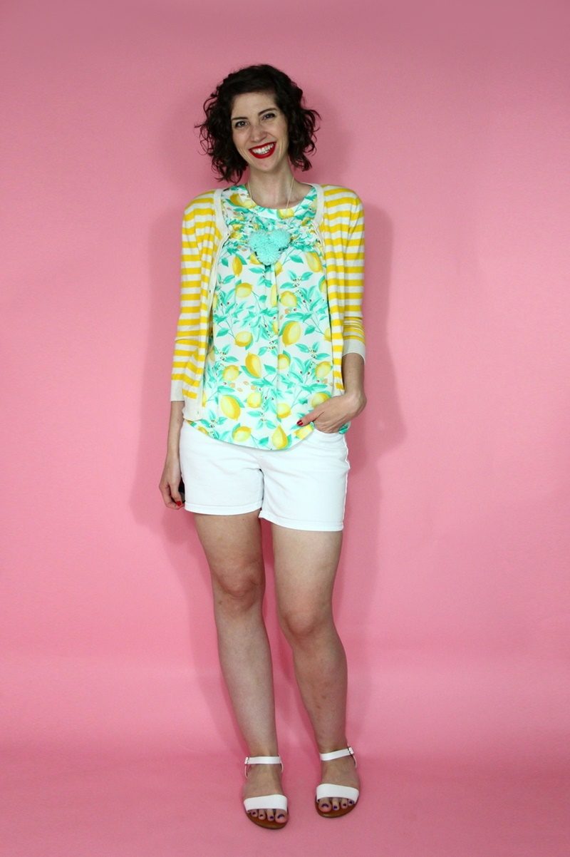 hannah rupp the outfit repeater lemon print blouse white denim short summer outfit
