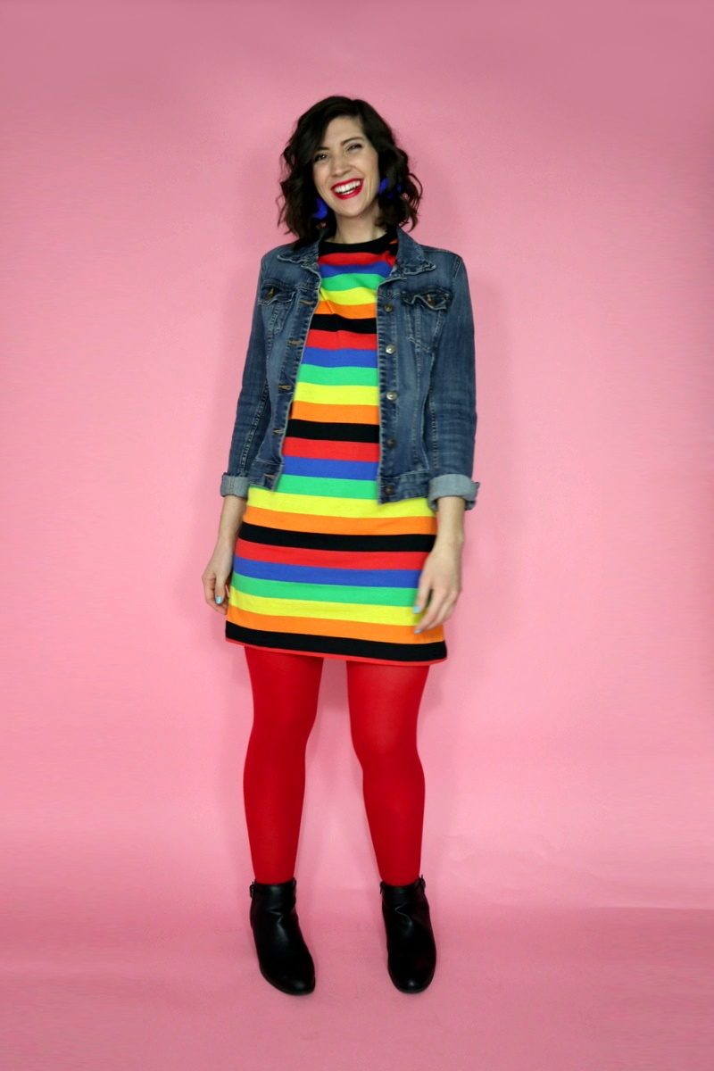 Why It's Important To Take a Risk With Your Outfits | www.theoutfitepeater.com rainbow color outfit asos tshirt dress denim jacket red tights hannah rupp