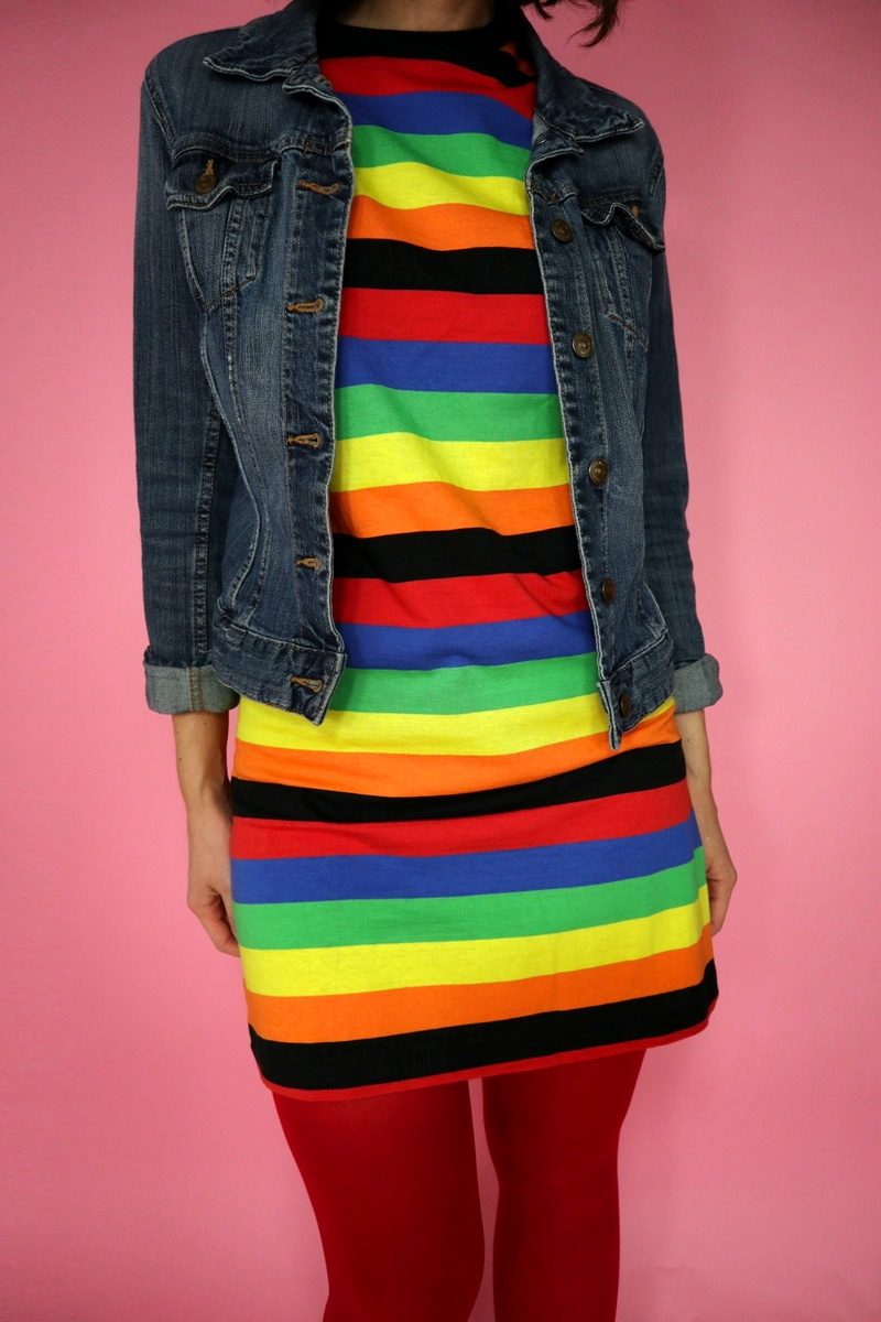 rainbow color outfit asos tshirt dress denim jacket red tights hannah rupp