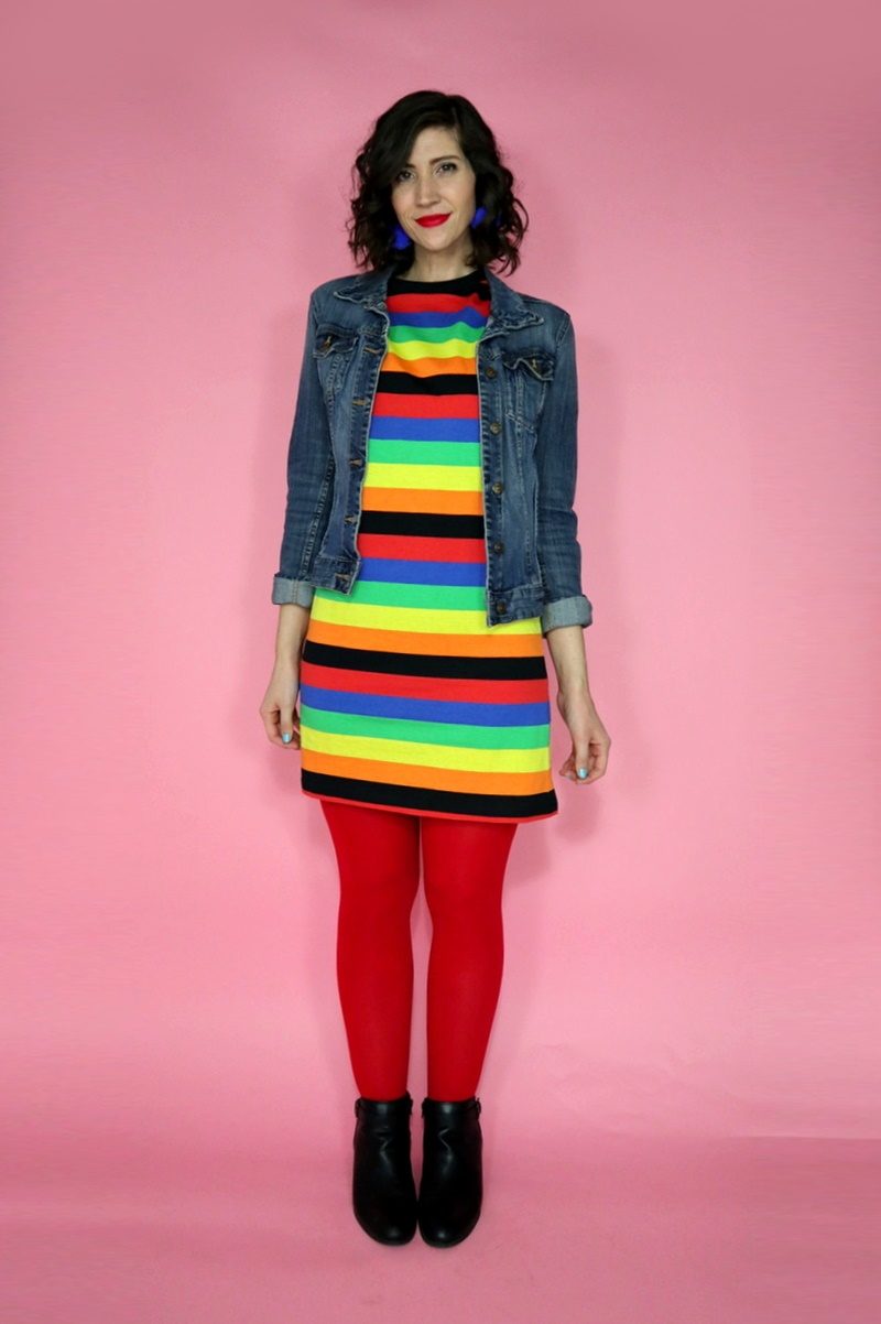 rainbow color outfit asos tshirt dress denim jacket red tights hannah rupp