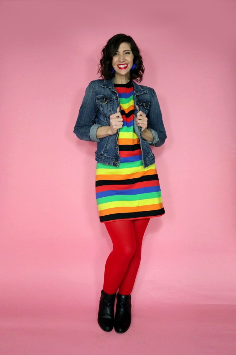 Why It's Important To Take a Risk With Your Outfits | www.theoutfitepeater.com rainbow color outfit asos tshirt dress denim jacket red tights hannah rupp