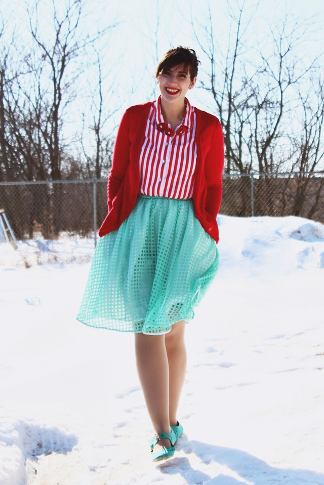 teal and red outfit