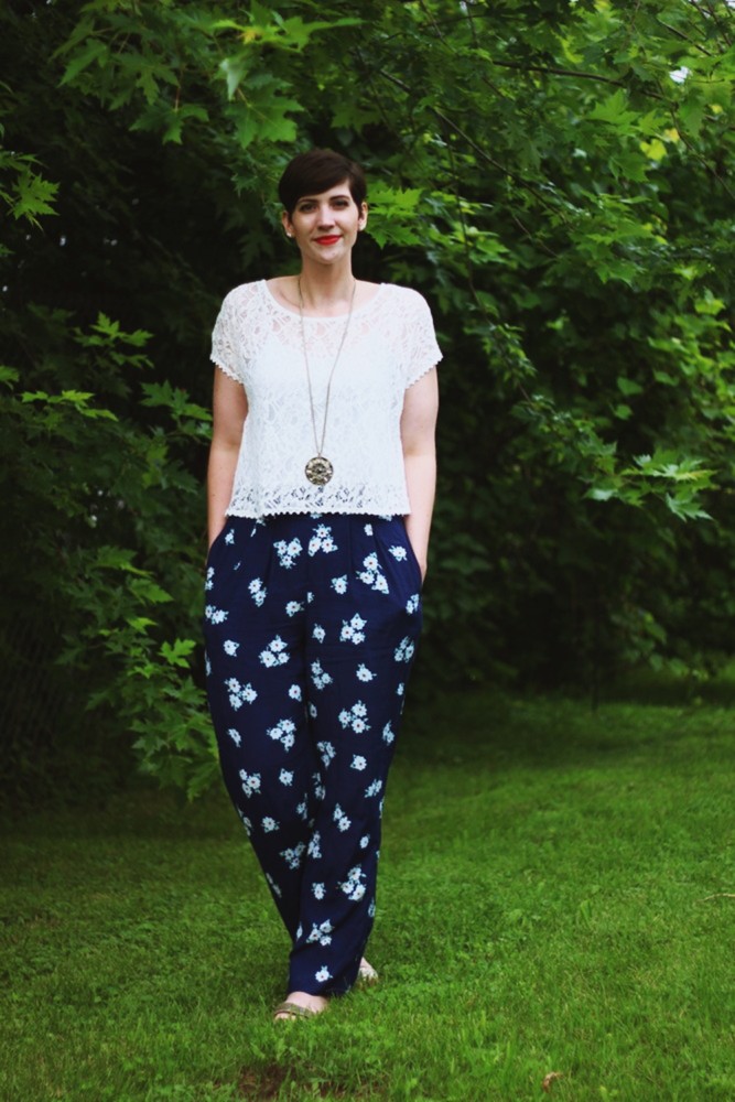 hannah rupp the outfit repeater floral high waisted pants white lace crop top summer fashion