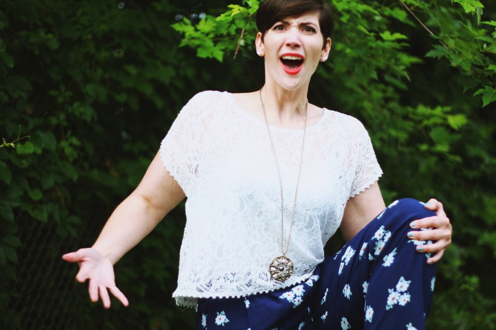 hannah rupp the outfit repeater floral high waisted pants white lace crop top summer fashion